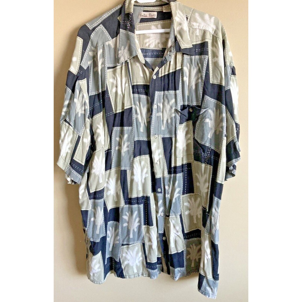 Hollis River Men's 3XL Short Sleeve Button Shirt Black Green Tan Palm Tree Print